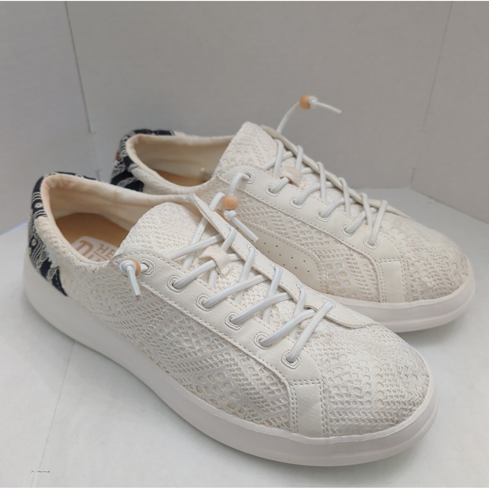 Hey Dude Karina White Crochet Shoes Boho Aztec Heel Women 10 Lace Up Beaded